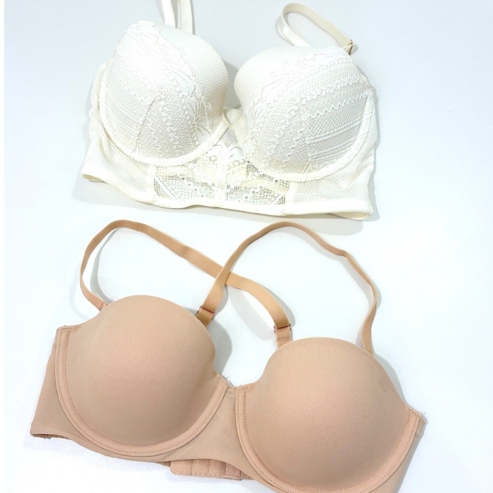 Auden Bra Bundle Ivory Lace Longline Bra and Lightly Lined Strapless Beige 34C